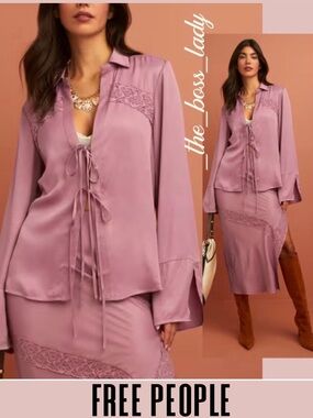 Free People skirt set co-ord top and midi skirt satin matching set boho Small